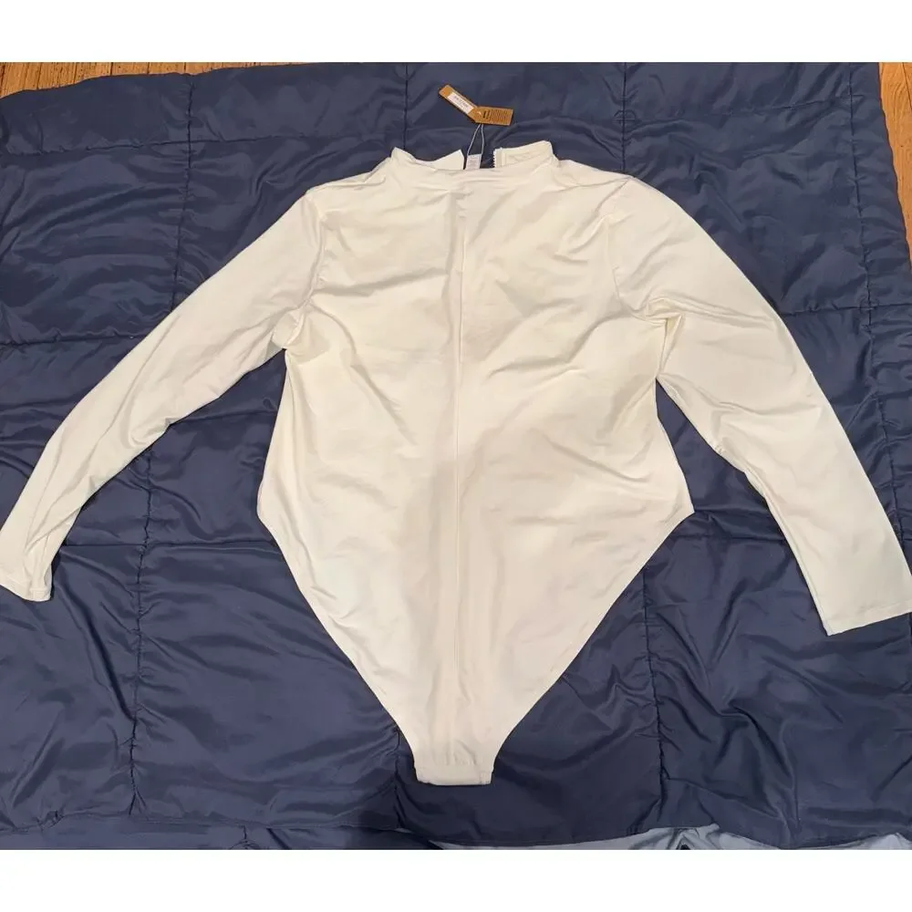 SKIMS SWIM SIZE 4X ZIP UP FRONT LONG SLEEVE ONE PIECE MARBLE WHITE NWT